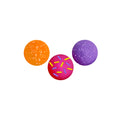 Three colorful sensory balls arranged in a triangular pattern against a white background. The left ball is orange with white sprinkles, the middle ball is pink with yellow and purple sprinkles, and the right ball is purple with white sprinkles.